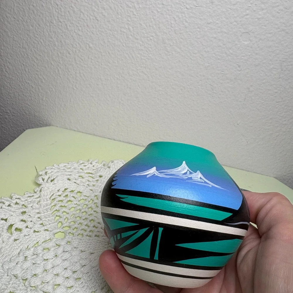 Teal Pottery Vase Southwestern Desert Hand Painted Ceramic